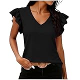 Camiseta para mujer, cuello en V, manga corta, con volantes, para verano, con volantes, suelta, monocolor, Negro , S