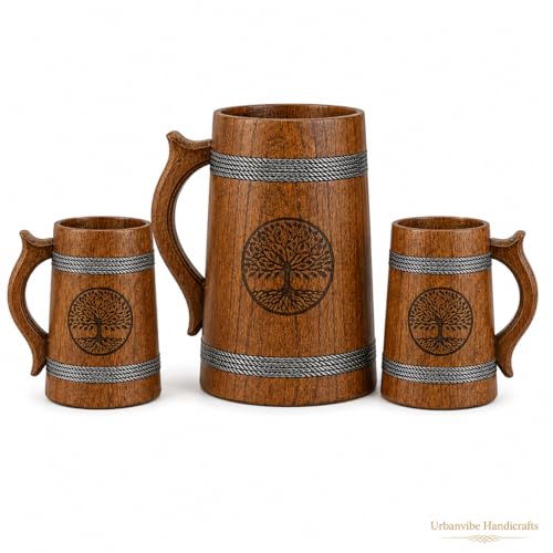 Image of Tree Imprinted Wooden Beer Bar Combo Set|Beer Mug | Barrel Shaped Jumbo Mug|Brown|(2 Small Beer Mug 350ML Size: 5 x 4 inches Each & 1 Beer Jug Large 750ML Size: 7 x 4.5 inches)