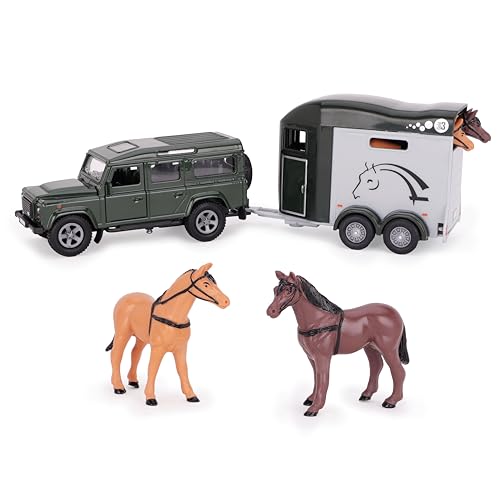 Image of Toyland® 26cm (10”) Land Rover with Horse Trailer & 2 Horses - Die-Cast Metal 4x4 Vehicle Playset - Pull-Back Action Movement & Opening Doors - Suitable for Ages 3+