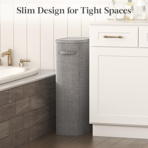 Image of Lifewit Slim Laundry Basket with Lid, Narrow Large Laundry Hamper with Plastic Handles and Removable Bag, Tall Foldable Dirty Clothes Hampers for Laundry Room, Bedroom, Bathroom, Dorm, 75L Gray