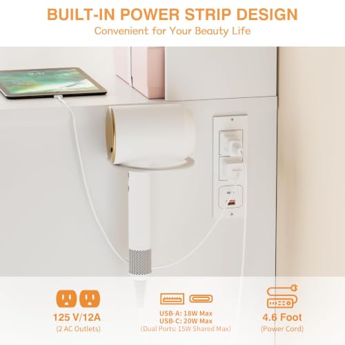 Image of YESHOMY Vanity Desk with Mirror, 10 Lights, Power Outlet and 3 Storage Shelves, Makeup Table with 4 Drawers, 3 Color Modes, for Bedroom, White