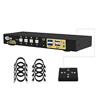 HDMI KVM Switch 4 Port, 4 Port HDMI 2.0 USB 3.0 KVM Switch with Cables, 2 pcs USB 3.0 Hub and Audio Output Supports Wireless/Mechanical/Gaming Keyboard Mouse
