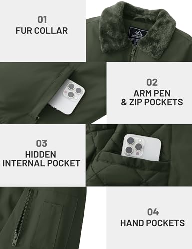Image of TACVASEN Men's Fleece Jacket Full Zip Up Warm Bomber Jackets for Daily Wear | Winter thick jacket coat for men , fur collared bomber style with 4ple pockets for travel, outdoor walking