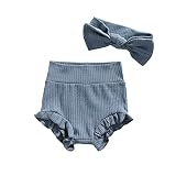 Newborn Baby Girl Bloomers Shorts High Waisted Diaper Cover Cute Headband Clothes Set (Ribbed Blue,
