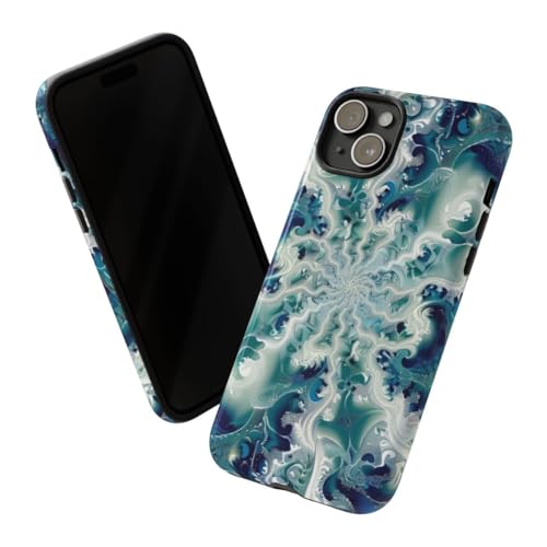 Coque iPhone 15 Plus tourbillon fractal vert et bleu rigide - 2
