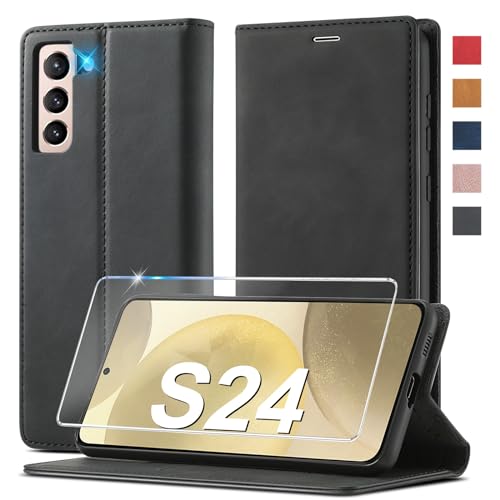 2024 Upgraded Handyhülle für Samsung Galaxy S24 Hülle Leder [Mit S24 Schutzfolie] für Samsung Galaxy S24 5G Hülle Klappbar Leder Flip Wallet Stoßfeste Case Schutzhülle Klapphülle für Samsung S24 Hülle