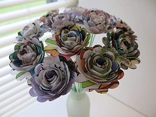 Scalloped Comic Book Paper Flowers Bunch 1 Dozen 1.5 Inch Roses on Stems Superhero Birthday Party Decor Centerpiece