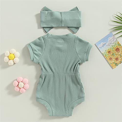 Infant Baby Girl Summer Clothes Short Sleeve Solid Ribbed Romper High Waist Jumpsuit Bodysuit With Headband Set (Green,0-3M) #TOP2