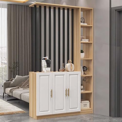 木製壁仕切り、玄関ホールパーティション、プライバシースクリーン、オープン収納スペースとディスプレイラック付き、空間装飾用(Walnut+Black,H120cm/47.2in)