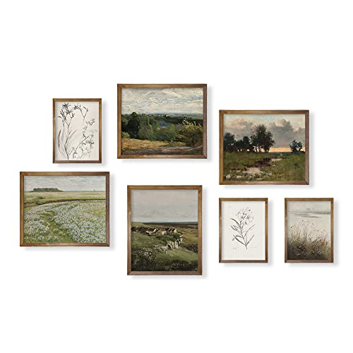 French Country Wall Art Decor - Boho Art Deco Victoria Picture Bathroom - Modern Farmhouse Kitchen Poster Print - Aesthetic Vintage Landscape Set, Green Nature Meadow Forest Lake Tree Botanical Sketch