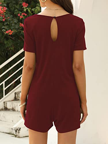 Qnasey Women's Summer Crewneck Short Sleeve Short Jumpsuit Rompers With Pockets Small Wine Red #TOP5