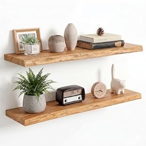 Venusmiles Reclaimed Elm Wood Floating Shelves for Wall, Live Edge 36″ W x 9.2″ D x 1.4″ H, Set of 2 Invisible Wall Mounted Shelves for Living Room Bedroom Kitchen Bathroom Decor, Natural Finish