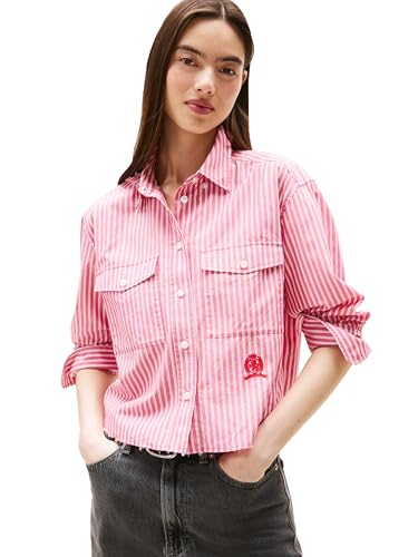 Tommy Jeans Womens Relaxed Crop Crest Shirt, Vintage Cerise Medium