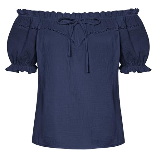 Peasant Blouse for Women Off Shoulder Puff Sleeve Cotton Loose Summer Tops Navy 2XL