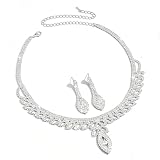 Missgrace Collar de plata simple con diamantes de imitación para mujer, aretes de gota para novia, boda, aretes de lágrima con diamantes de imitación para novias, damas de honor, accesorios de disfraz