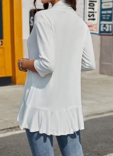 Hocosit Womens Casual Open Front Cardigans Lightweight Drape Ruffles 3/4 Sleeve Cardigan S-Xxl White #TOP2