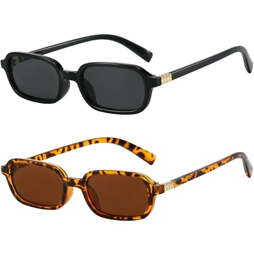 Retro Rectangle Sunglasses for Women Vintage Trendy Small 90s Style Narrow Square Frame UV400 Protection