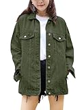 SeekMe Women's Oversized Jean Jacket Plus Size Fashion Boyfriend Button Down Washed Denim Jacket, Green, L