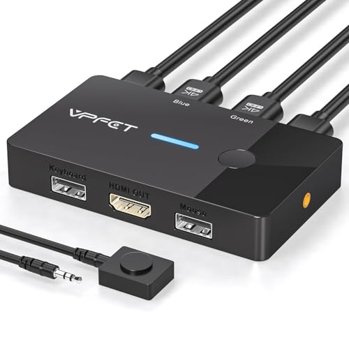 AILVLVNG HDMI KVM Switch 2 PC 1 Monitor 4K@60Hz Conmutador KVM para 2 Ordenadores que Comparten Un Monitor y Un Teclado/Ratón, con Controlador de Escritorio y 2 Cables USB, Plug and Play