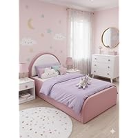 Modern Kids Bed, Pink Upholstered, Arched Headboard, With Wooden Slats, Princess Style for Girls Room, Mattress by Handmade Bedroom Furniture Ltd (2FT6 Small Single)