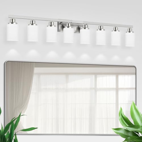 Image of 8-Light Bathroom Light Fixtures Brushed Nickel Vanity Light 52in