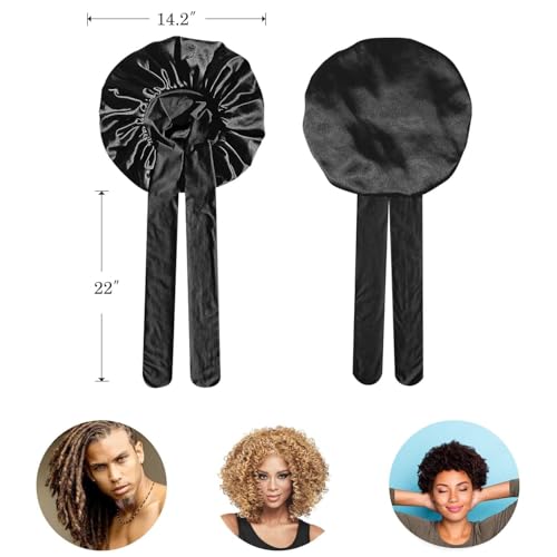 Image of BONNET QUEEN Silk Bonnet for Sleeping Satin Bonnet Hair Wrap with Tie Band Sleep Cap Night Cap for Women Curly Hair,2Pcs Black Pink