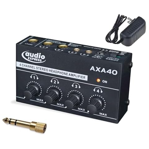 Audio Express AXA40 Mini 4 Channel Combination 1/4" and 3.5mm TRS Stereo Headphone Amplifier w/Two 3.5mm and Two ¼” TRS Stereo Outputs Includes 12V Power Supply and One 3.5mm to ¼” Audio Adapter Cover