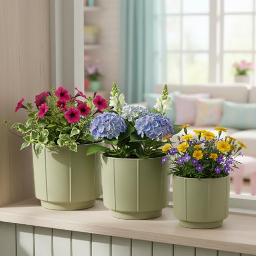 Image of Xtore Verde Ceramic Ribbed Planter Set | Soft-Tone Vertical Groove Plant Pots for Home & Office Decor - (Set of 3, Green, Planter ONLY)
