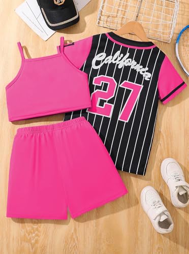 Image of Hilinker Girls Graphic 3 Piece Outfits Short Sleeve Striped Cardigan and Crop Cami with Shorts Set