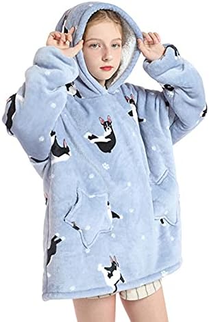 Kids Oversized Hoodie Blanket Fleece Sherpa Snuggle Sweatshirts Cute Animals Pattern Fluffy Pullover Ultra Soft Winter Warm Wearable Blanket for Boys Girls