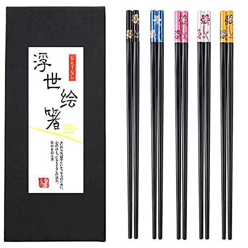 玻璃纤维筷子可重复使用洗碗机安全防滑设计日式和中式财富花卉图案,24 厘米(5 双带精美黑色礼盒)
