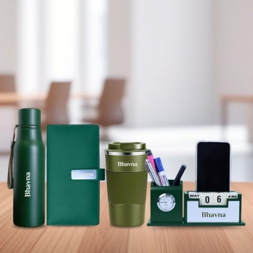 Image of Giftana Personalized Diary, Coffee Tumbler 510ml, Desk Organizer, Water Bottle Gift Set for Men and Women, 4 in 1 Personalized Gifting Items for Husband, New Year Corporate Gift for Employee (Green)