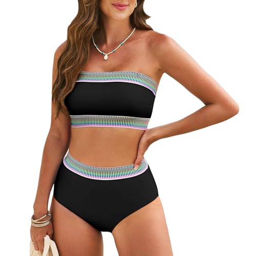 Pink Queen Tube Top Bikini Sets for Women Removable Strap Pad Color Block Two Piece Swimming Suit Swimwear X-Large Black