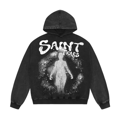 Saint Tears Acid Wash Mens Hoodies Pullover Oversized Casual Hoodie Graphic Print Hooded Vintage Sweatshirt Streetwear Unisex