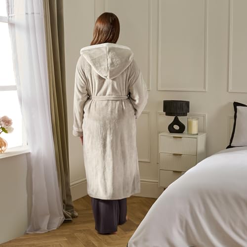 OHS Dressing Gown Unisex Piped, Super Soft Warm Flannel Fleece Hooded Bathrobe Full Length Comfortable Cosy Adults Dressing Gown for Sleepwear Loungewear, Grey/White - Image 4