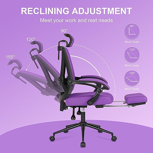 Misolant Ergonomic Office Chair with Footrest, Purple Desk Chair with Adjustable 2D Lumbar Support, High Back Mesh Ergonomic Computer Chairs with Adjustable Headrest for Home
