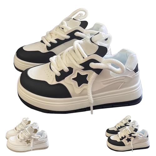 Star Shoes Women's Walking Sneakers Y2K Aesthetic Cute Chunky Low Top Lace-up Comfort Casual Fashion Sneakers (Black,7)
