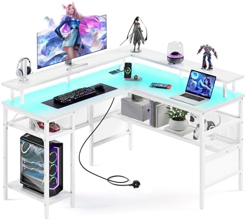 Yornoli Corner Desk with Power Outlet＆Led Lights, 140cm L Shaped Gaming ...