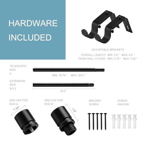 Image of Byondeth Curtain Rods for Windows 16 to 48 or 60 Inches Max Adjustable Length 1 Inch Diameter Window Curtain Rod with Aluminium Finials, Black