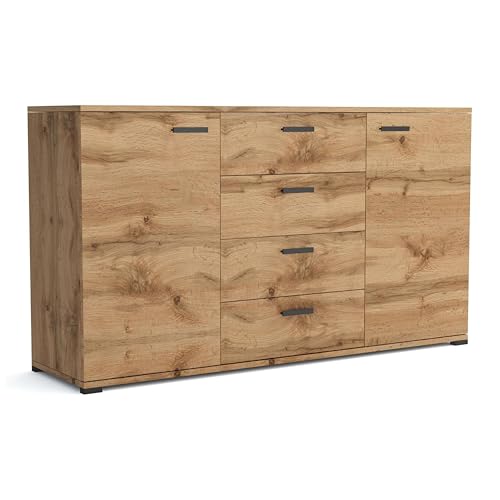 Brent - Kommode mit 4 Schubladen und 2 Turen 150 cm Breit Brixton Sideboard für Wohnzimmer oder Schlafzimmer Komodenschrank Kommode Wotan Eiche