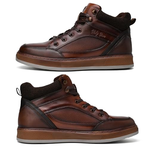 Image of Men's Brown Leather Sneaker Boots Casual Oxford Boot Comfy Shoes for Men Mid-Top Lace Up Fashion Shoe 9