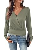 EVALESS Spring Outfits for Women 2026 Cute Wrap V Neck Long Sleeve Shirts Blouses Dressy Casual Seagrass M