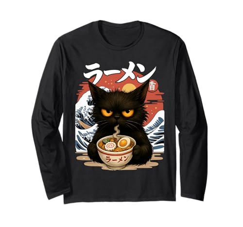Kawaii Cat Mangeant Ramen Nouilles Anime Great Wave Kanagawa Manche Longue