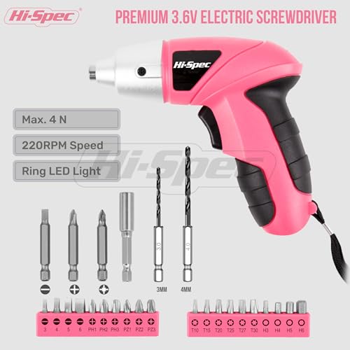 Hi-Spec Akkuschrauber klein in Pink Rosa mit wiederaufladbarem 3.6-V-Akku und LED-Licht. Mit 26-teiligem Zubehör Schraubendreher Bit Set – Mini Akkuschrauber für Frauen