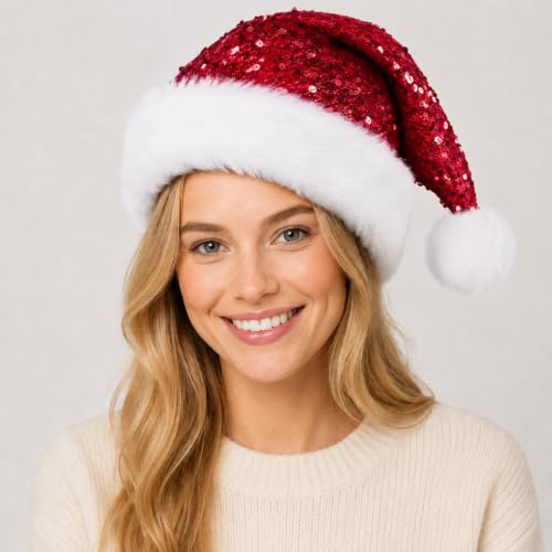 AQAYL Sequin Santa Hat Adults Christmas Hats with Soft White Fur Trim - image 3