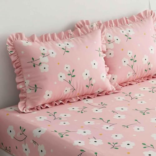 Image of 380 TC Premium Glace Cotton Elastic Fitted Bedsheet King Size with 2 Pillow Covers King Size | Double Bed with All Around Elastic (Pink Frill, Fitted - 72 inchx78 inch King)