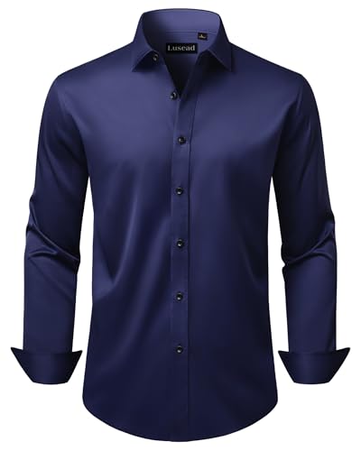 Lusead Navy Blue Dress Shirt Men Stretch Long Sleeve Wrinkle Free Business Wedding Soiree Party Slim Fit Button Down Shirts