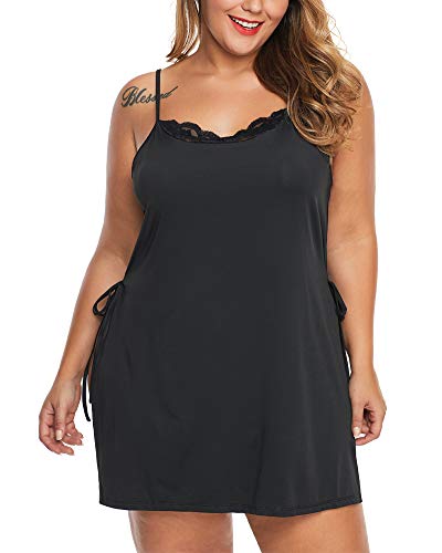 XAKALAKA Women Plus Size Lace Babydoll Lingerie Side Slit Strappy Chemise Sleepwear4