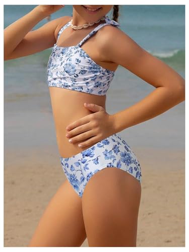 Image of SHENHE Girl's Swimsuit Tropical Floral Bow Shoulder High Waist Teen Bikini Bathing Suit