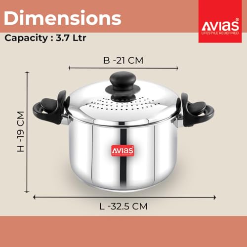 Image of AVIAS Stainless Steel Rice /Pasta Strainer Pot 3.7L with Glass Lid & Built-in Strainer | Triply Bottom | Locking Lid | for Rice, Pasta, Noodles, SOYA & Vegetables | Induction & Gas Compatible